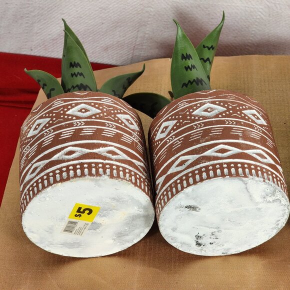 Faux Plants in Terracotta Tribal Print Faux Cement Pots Set of 3 4"Wx9"H - Picture 14 of 15